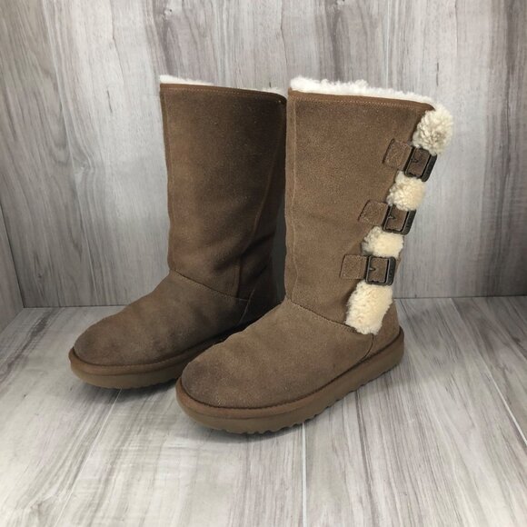 UGG Boots Womens 6 Klea Brown Suede Slip On Winter Shearling Lined - Picture 3 of 10